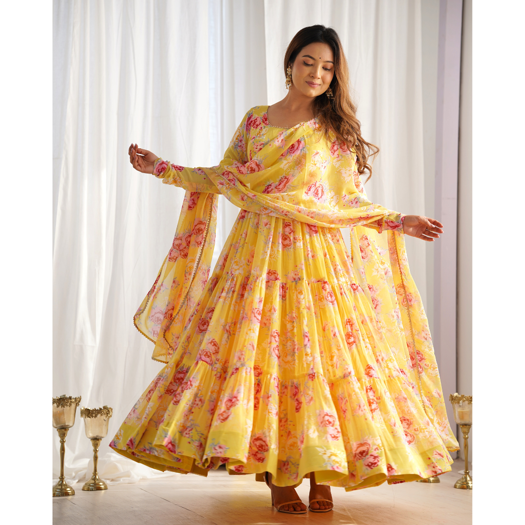 Yellow Color Pure Georgette Designer Anarkali Gown With Pant & Dupatta Set