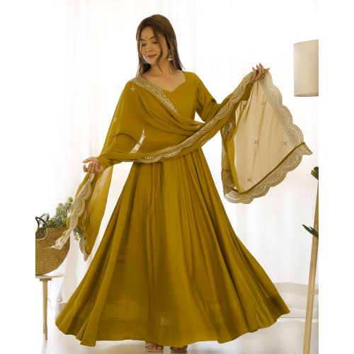 Yellow Color Roman Silk Flared Designer Anarkali Gown