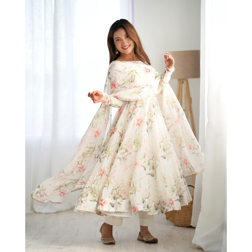 Multi Color Flower Printed Anarkali Gown With Pant & Dupatta set