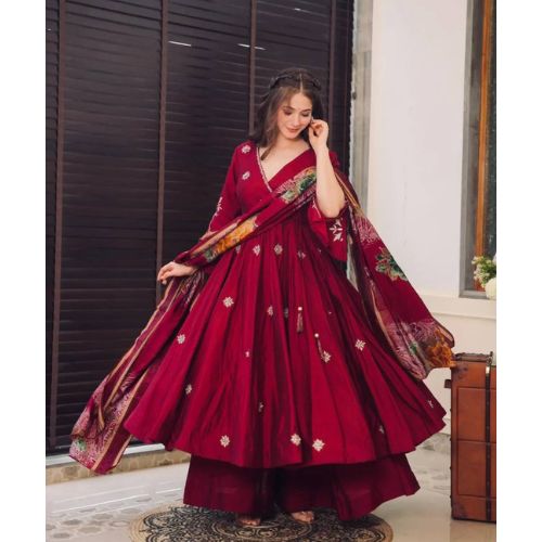 Maroon Color Chinon Silk Designer Gown With  Palazzo & Dupatta Set