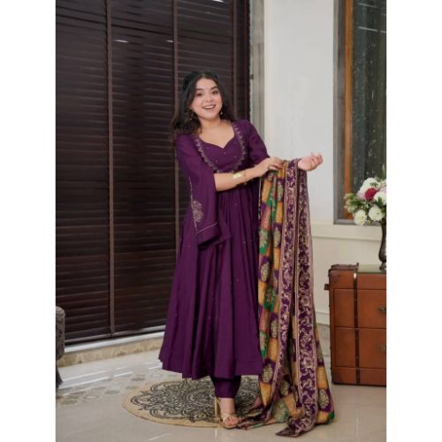 Wine Color Chinon Silk Designer Gown With Pent & Dupatta Set