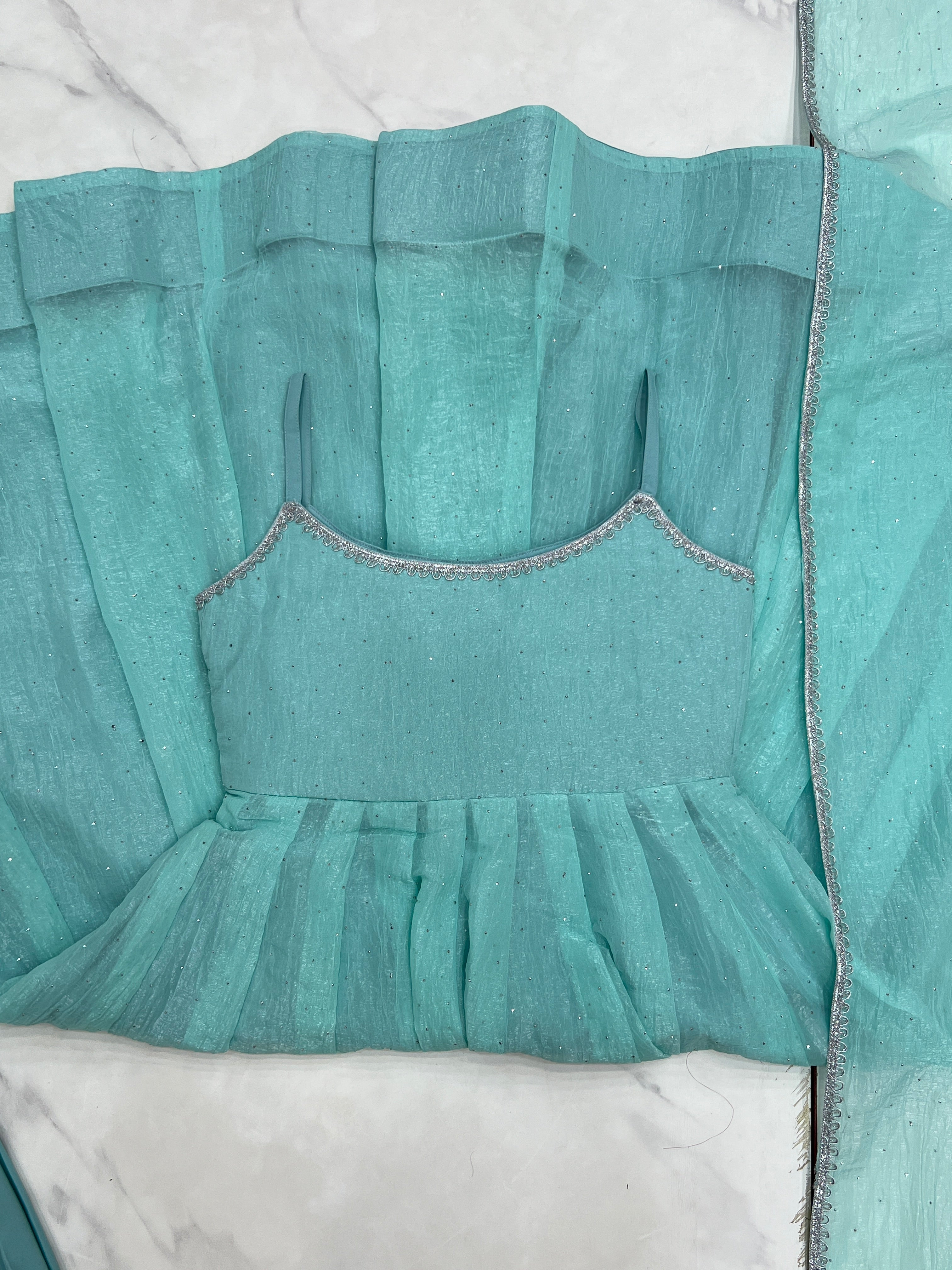 Aqua Blue Color Designer Anarkali Gown With Pant & Dupatta