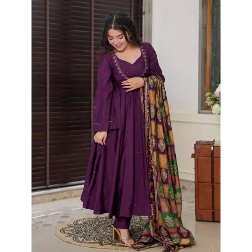 Wine Color Chinon Silk Designer Gown With Pent & Dupatta Set