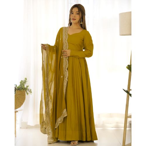 Yellow Color Roman Silk Flared Designer Anarkali Gown