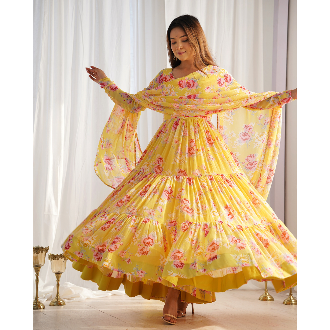 Yellow Color Pure Georgette Designer Anarkali Gown With Pant & Dupatta Set