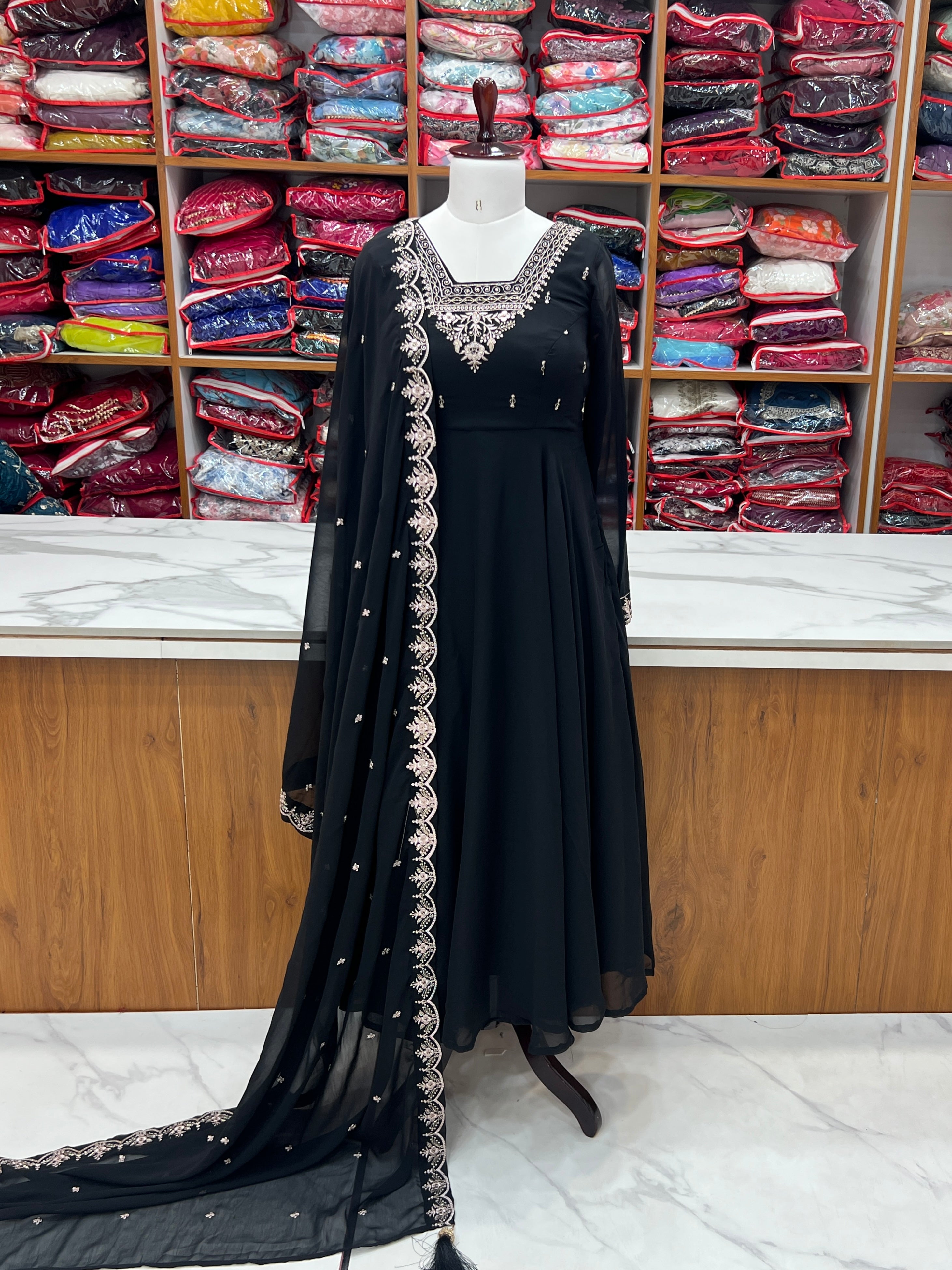 Parrot Green Georgette Anarkali Gown With Pant & Dupatta Set