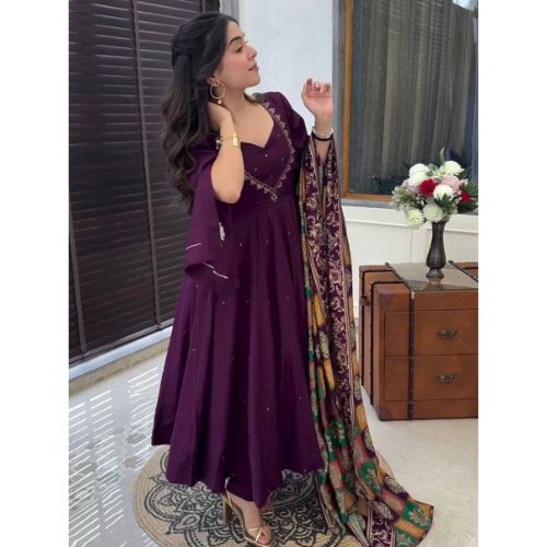 Wine Color Chinon Silk Designer Gown With Pent & Dupatta Set