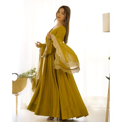 Yellow Color Roman Silk Flared Designer Anarkali Gown