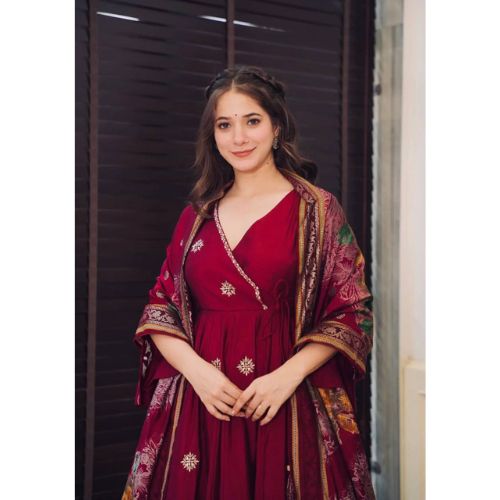 Maroon Color Chinon Silk Designer Gown With  Palazzo & Dupatta Set