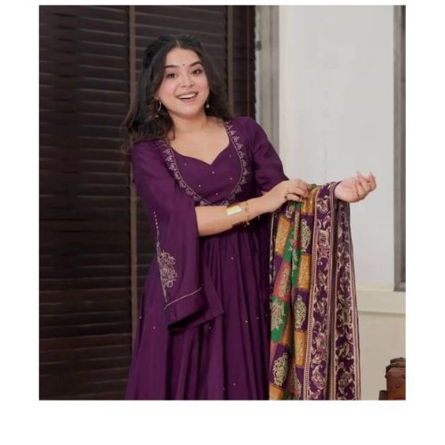 Wine Color Chinon Silk Designer Gown With Pent & Dupatta Set