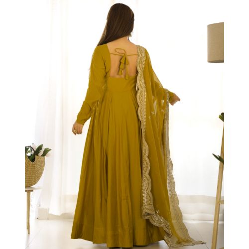 Yellow Color Roman Silk Flared Designer Anarkali Gown