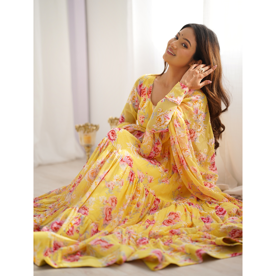 Yellow Color Pure Georgette Designer Anarkali Gown With Pant & Dupatta Set