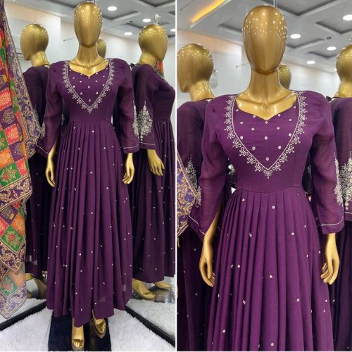 Wine Color Chinon Silk Designer Gown With Pent & Dupatta Set