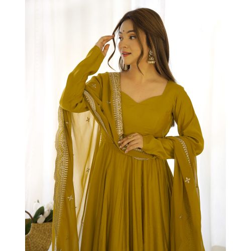 Yellow Color Roman Silk Flared Designer Anarkali Gown