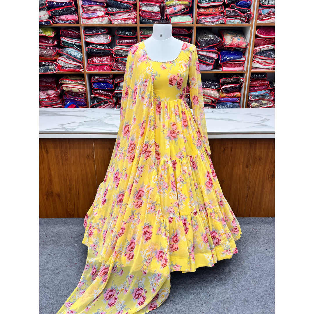 Yellow Color Pure Georgette Designer Anarkali Gown With Pant & Dupatta Set