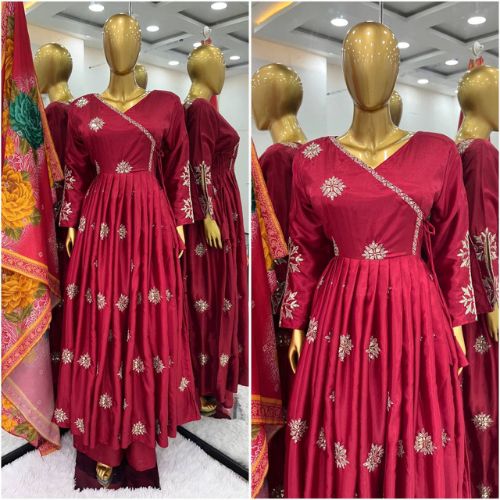 Maroon Color Chinon Silk Designer Gown With  Palazzo & Dupatta Set