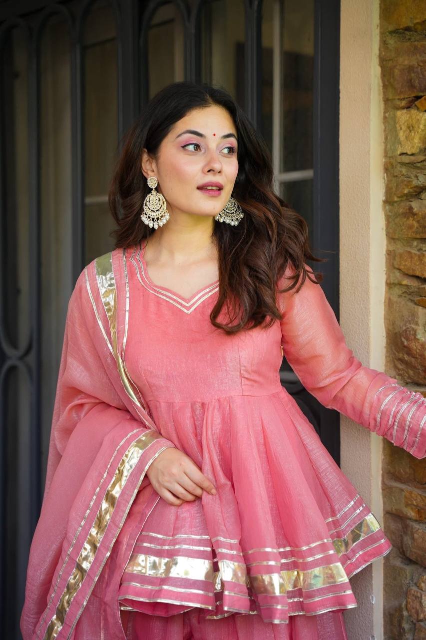 Baby Pink Color Organza Silk Designer Sharara Palazzo