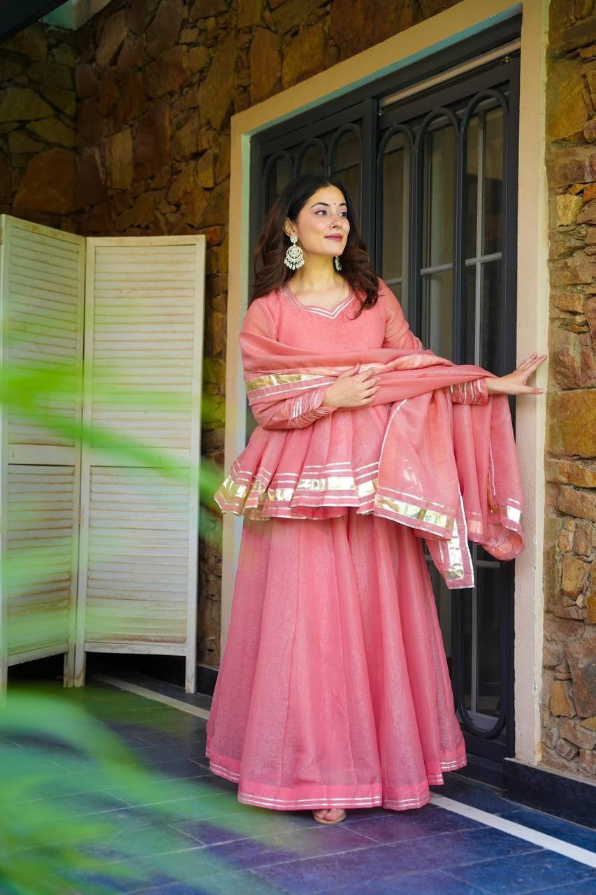 Baby Pink Color Organza Silk Designer Sharara Palazzo
