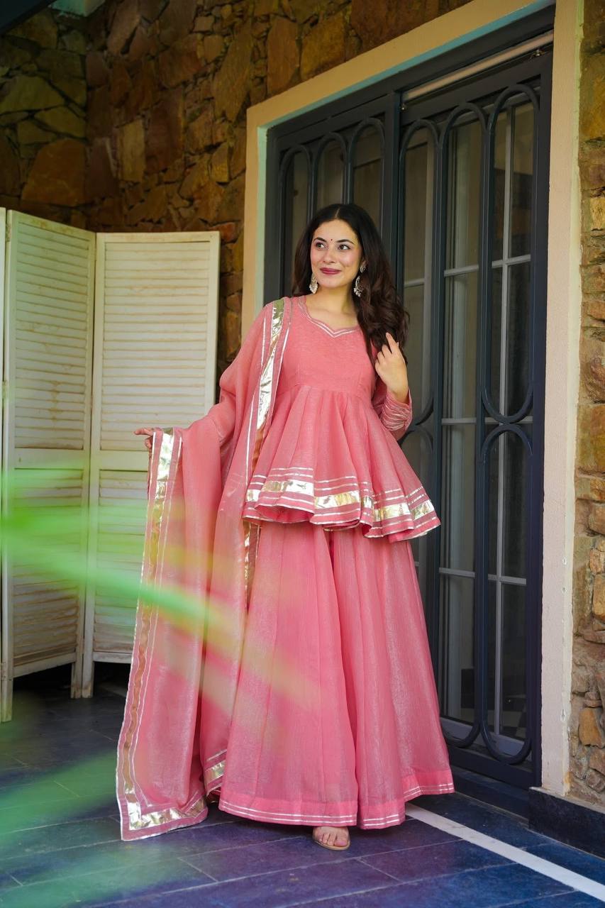 Baby Pink Color Organza Silk Designer Sharara Palazzo