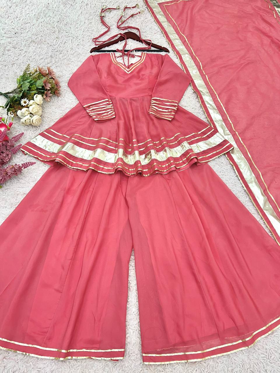 Baby Pink Color Organza Silk Designer Sharara Palazzo