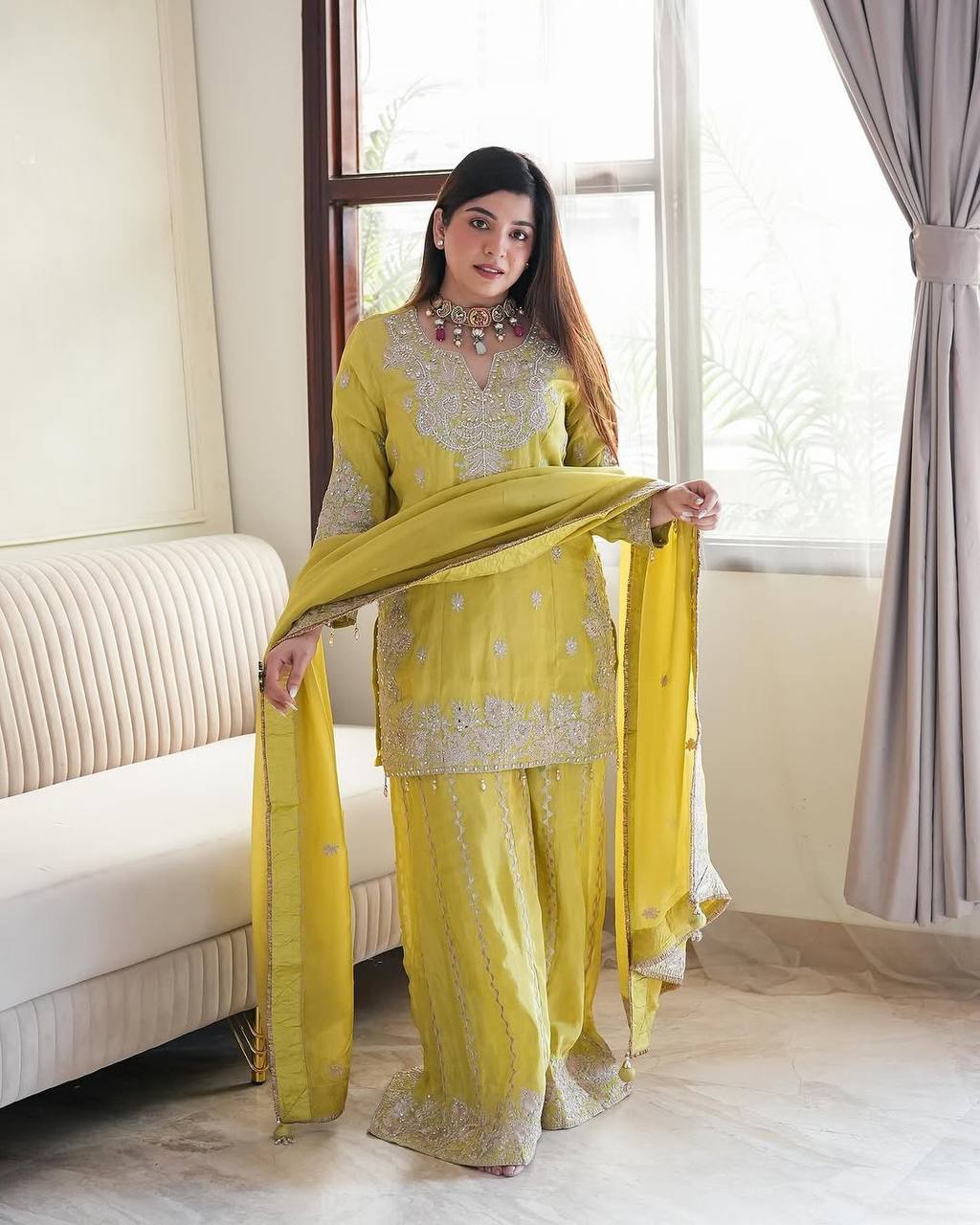 Yellow Color Sequences Embroidery work Designer Sharara Suit