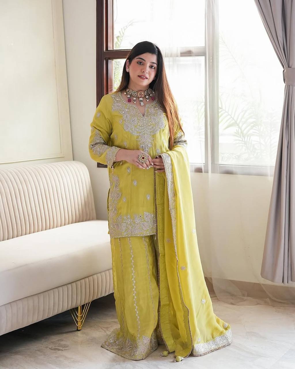 Yellow Color Sequences Embroidery work Designer Sharara Suit