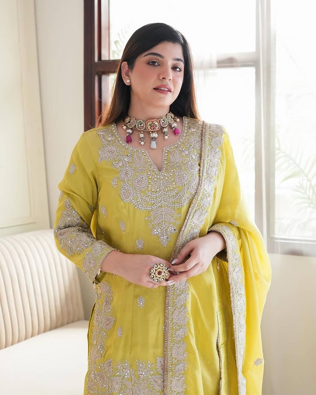 Yellow Color Sequences Embroidery work Designer Sharara Suit