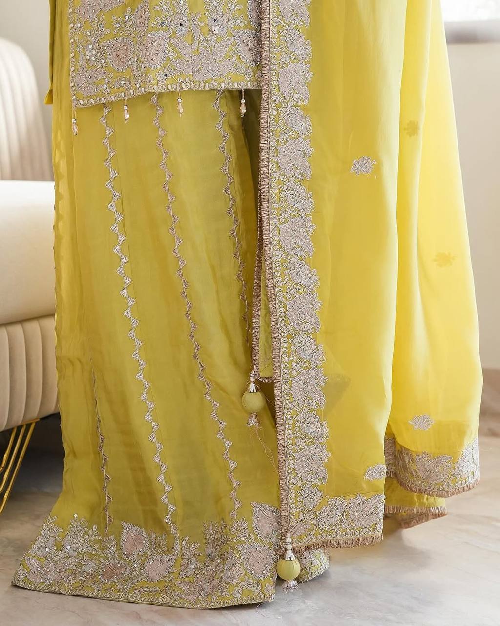 Yellow Color Sequences Embroidery work Designer Sharara Suit