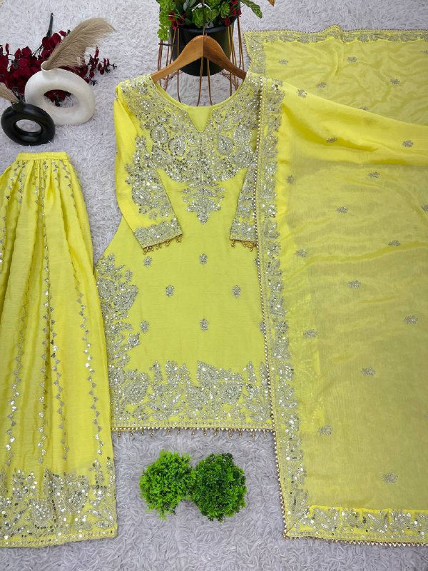 Yellow Color Sequences Embroidery work Designer Sharara Suit