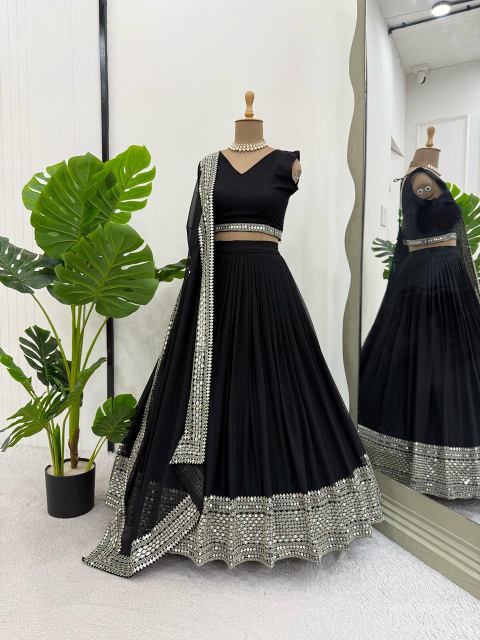 BLACK COLOR EMBROIDERD SEQUENCES WORK DESIGNER LEHENGHA CHOLI