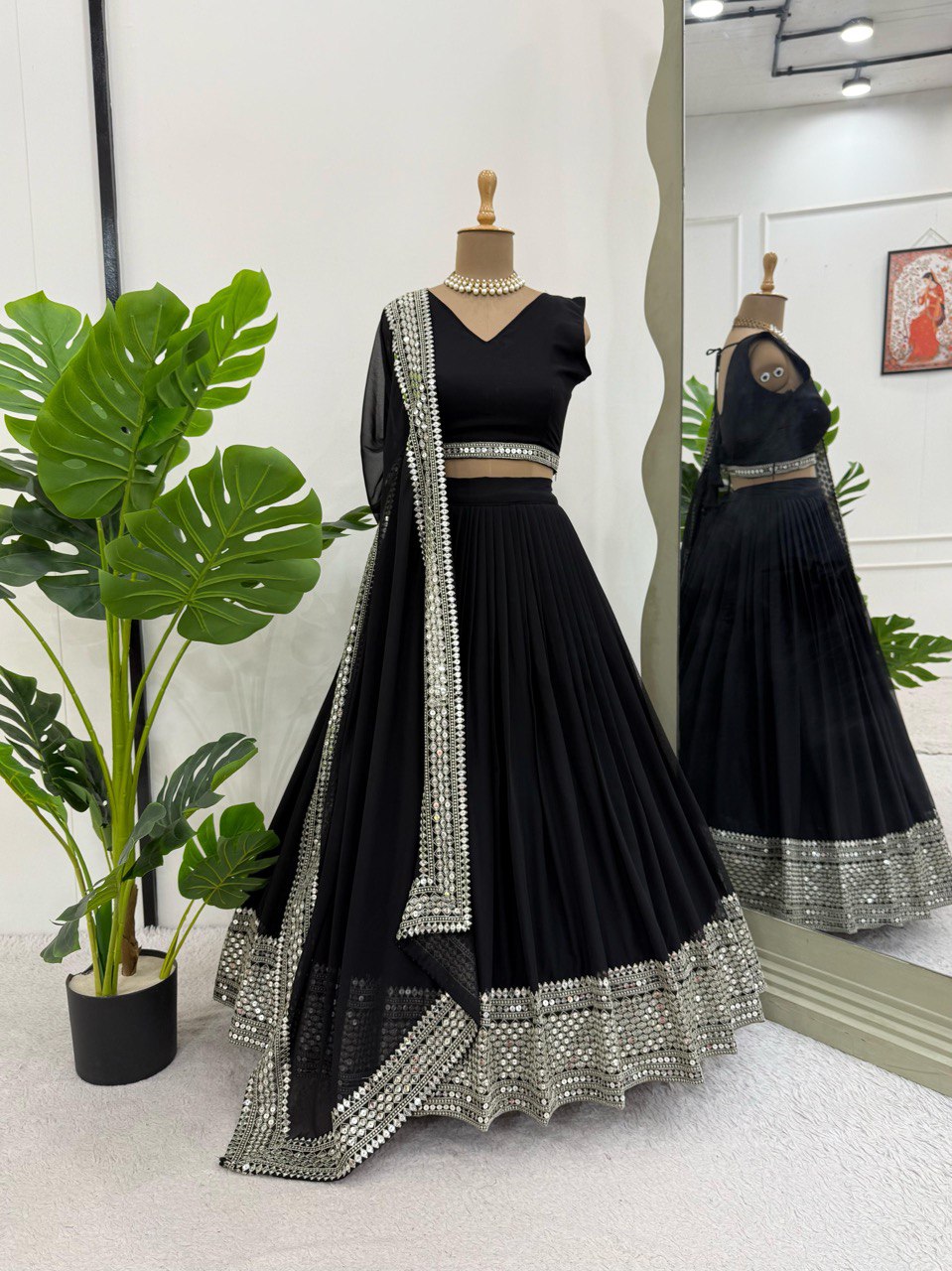 BLACK COLOR EMBROIDERD SEQUENCES WORK DESIGNER LEHENGHA CHOLI