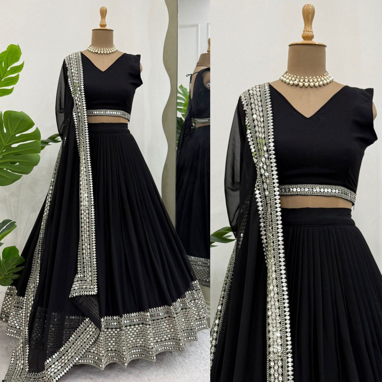 BLACK COLOR EMBROIDERD SEQUENCES WORK DESIGNER LEHENGHA CHOLI