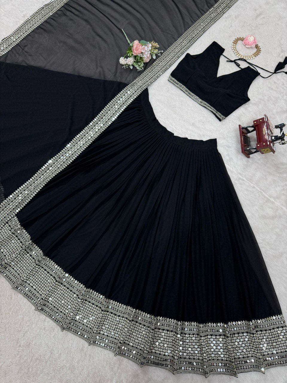 BLACK COLOR EMBROIDERD SEQUENCES WORK DESIGNER LEHENGHA CHOLI