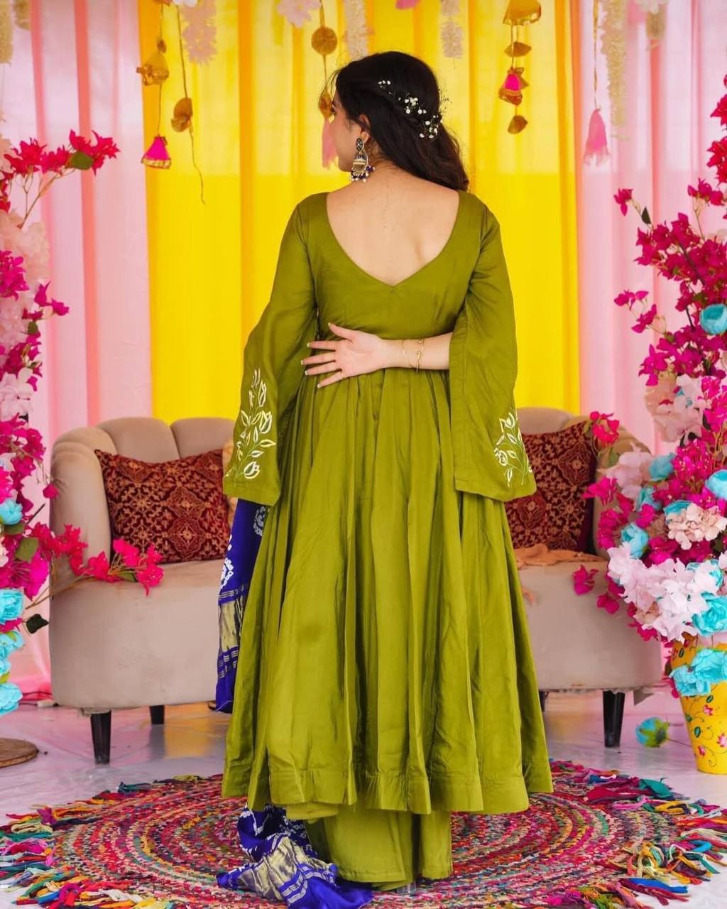 Mehendi Color Chinon Silk Fully Stitched Partywear Designer Gown