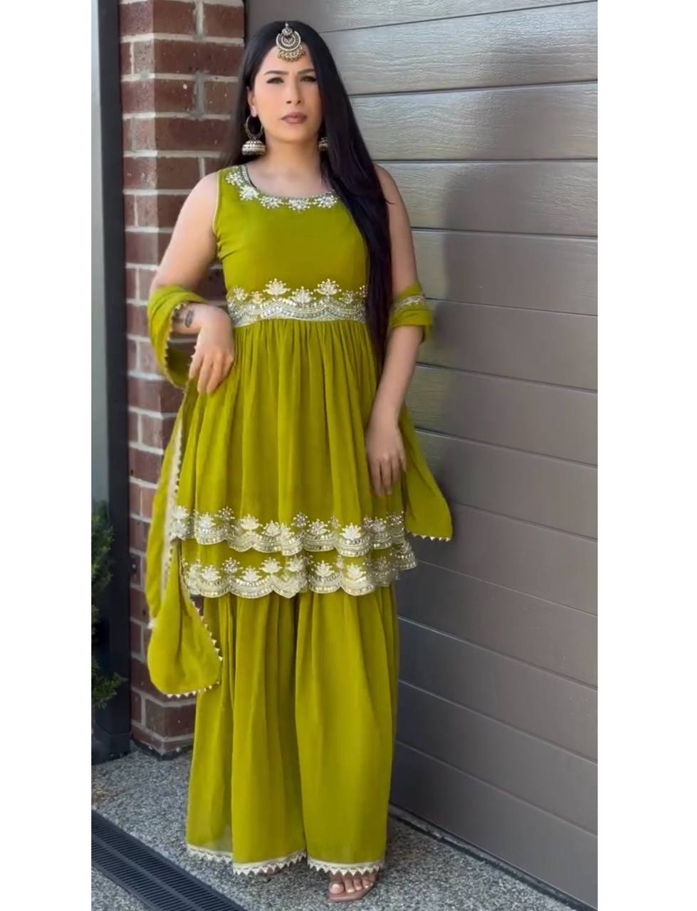 Parrot Green Color Ready To Wear Designer Palazzo Suits