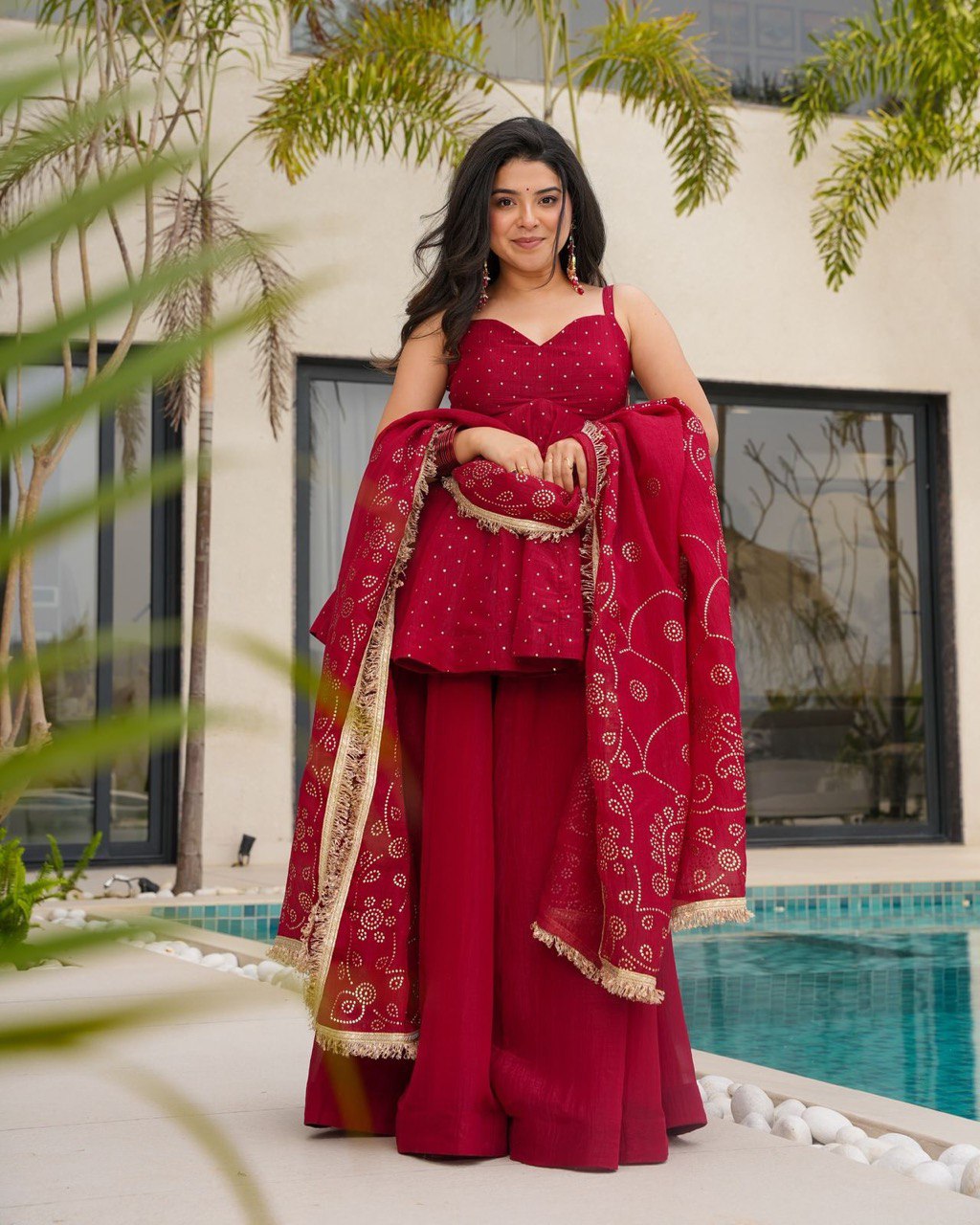 Pure Tabby Organza Mukesh Work Top Palazzo