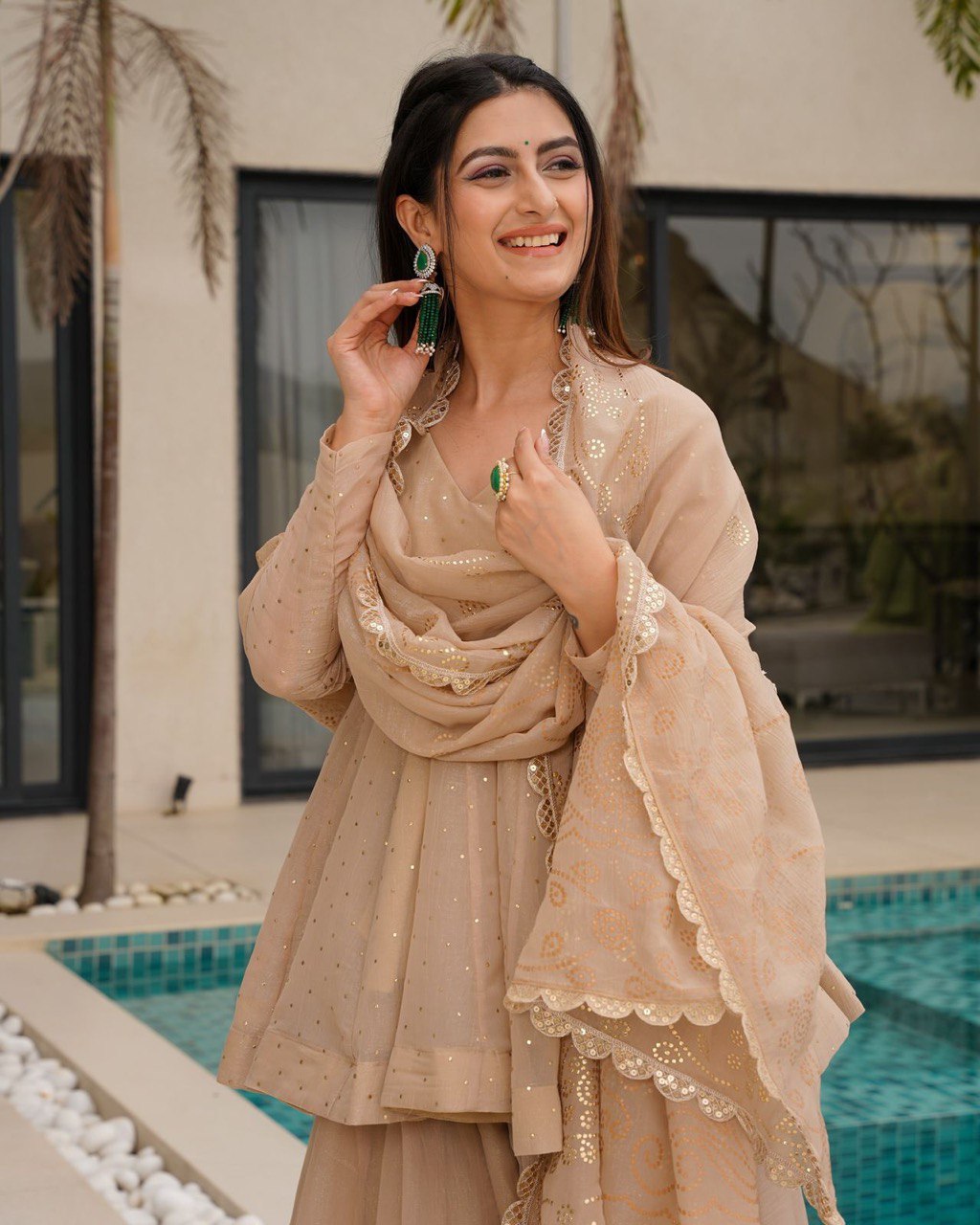 Pure Tabby Organza Mukesh Work Top Palazzo