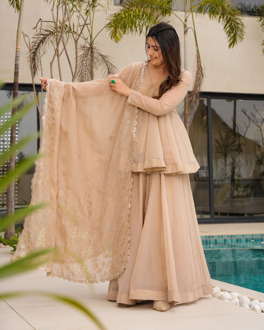 Pure Tabby Organza Mukesh Work Top Palazzo