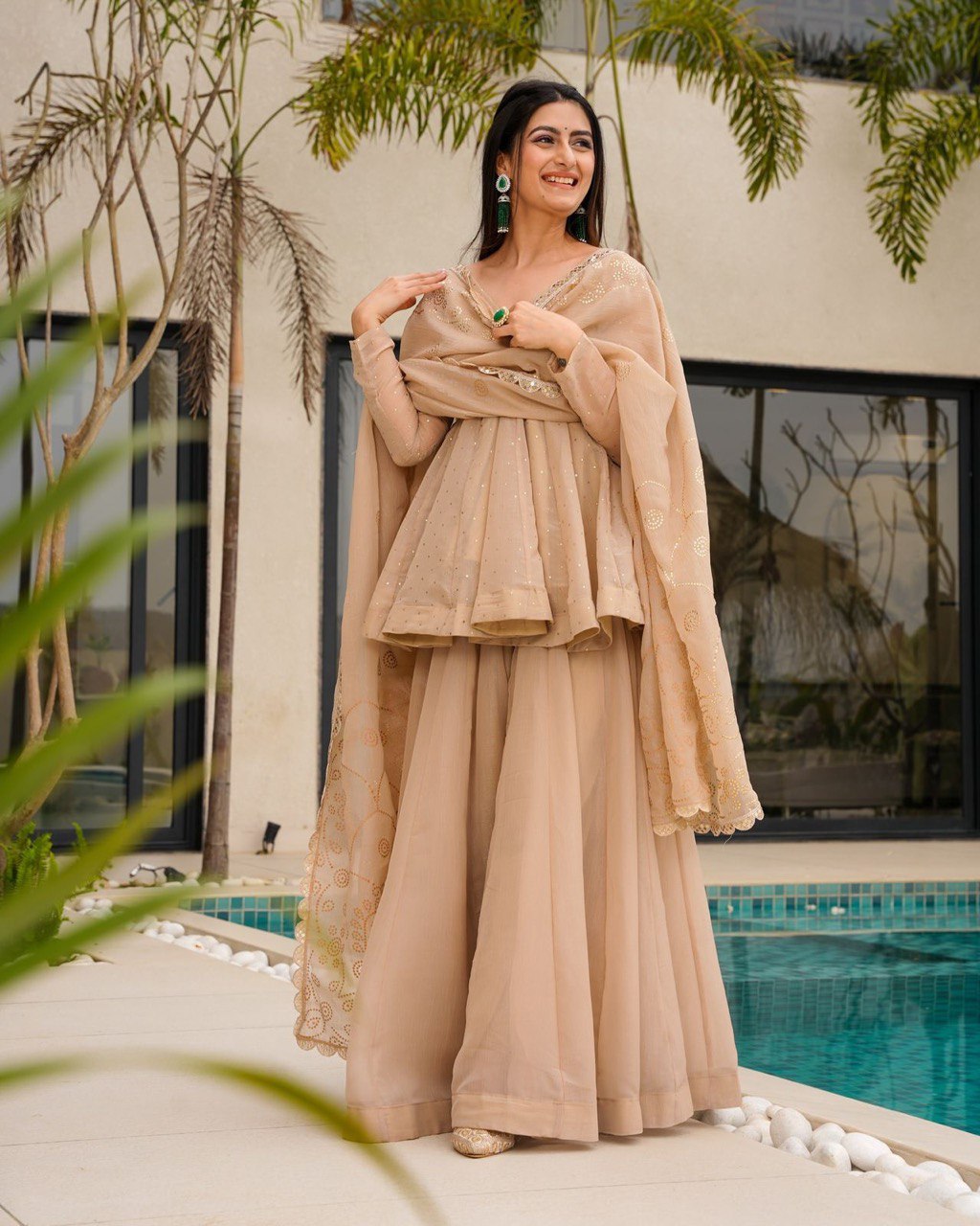 Pure Tabby Organza Mukesh Work Top Palazzo