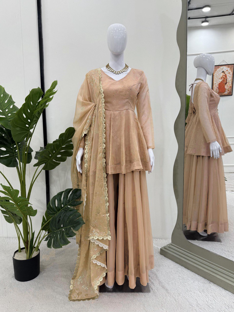 Pure Tabby Organza Mukesh Work Top Palazzo