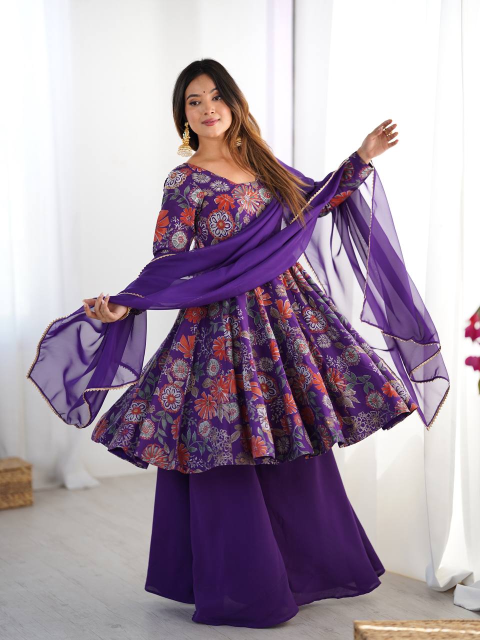 Purple Roman Silk Kediya Style Palazzo With Dupatta