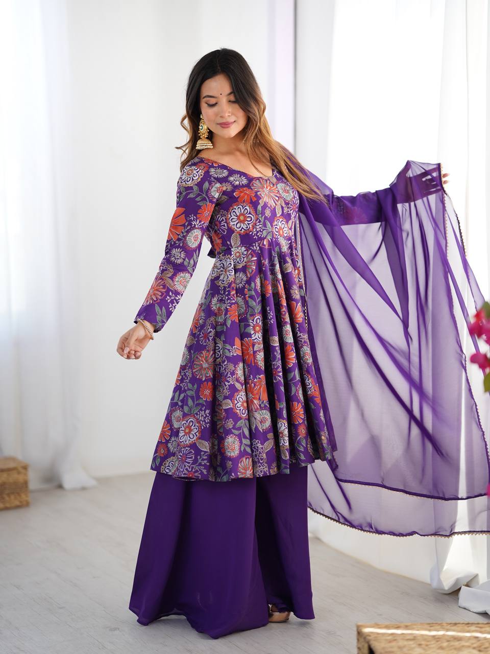 Purple Roman Silk Kediya Style Palazzo With Dupatta