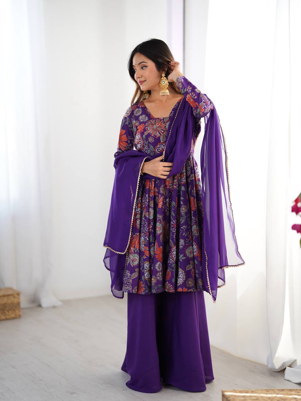 Purple Roman Silk Kediya Style Palazzo With Dupatta