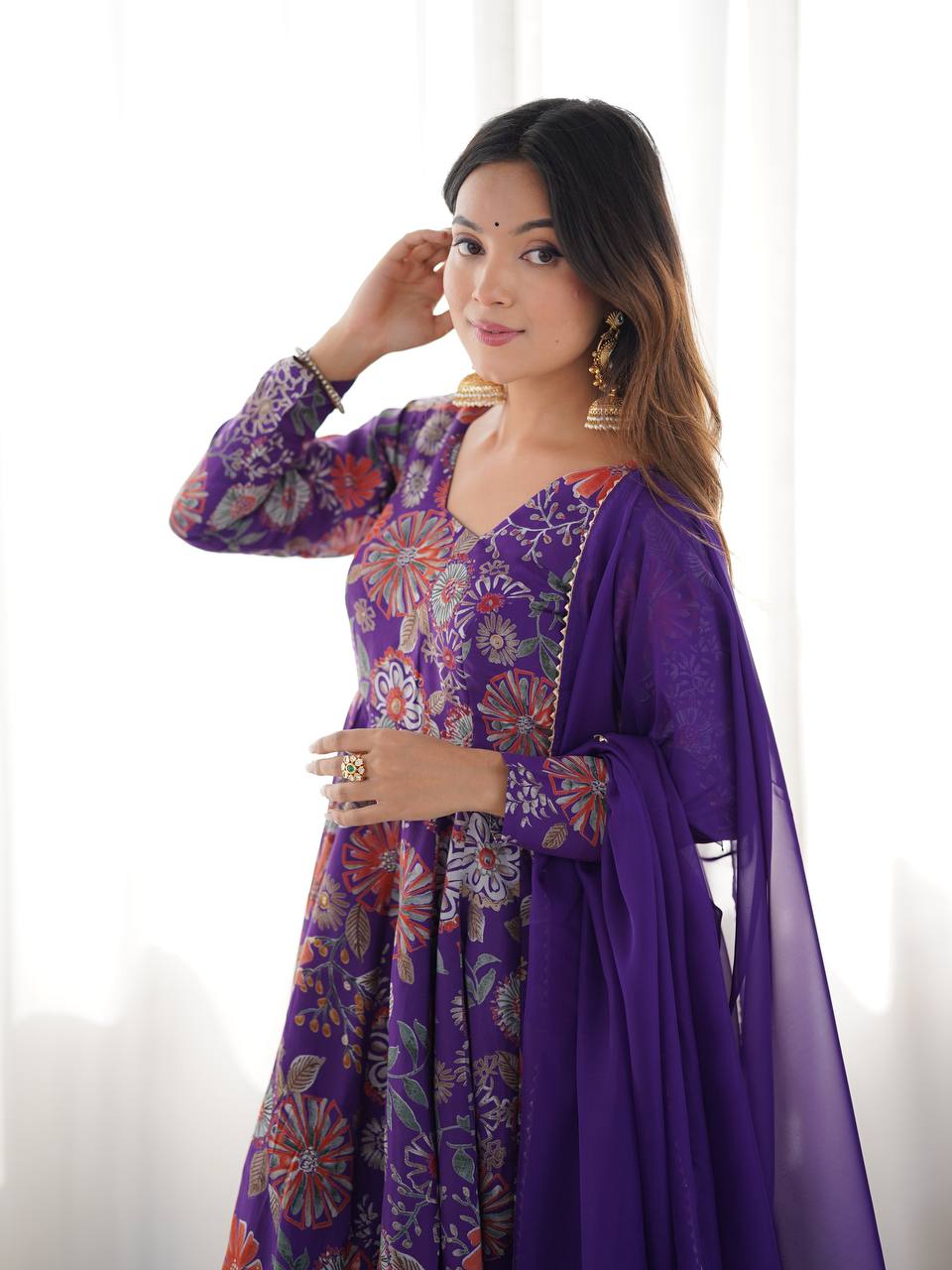 Purple Roman Silk Kediya Style Palazzo With Dupatta