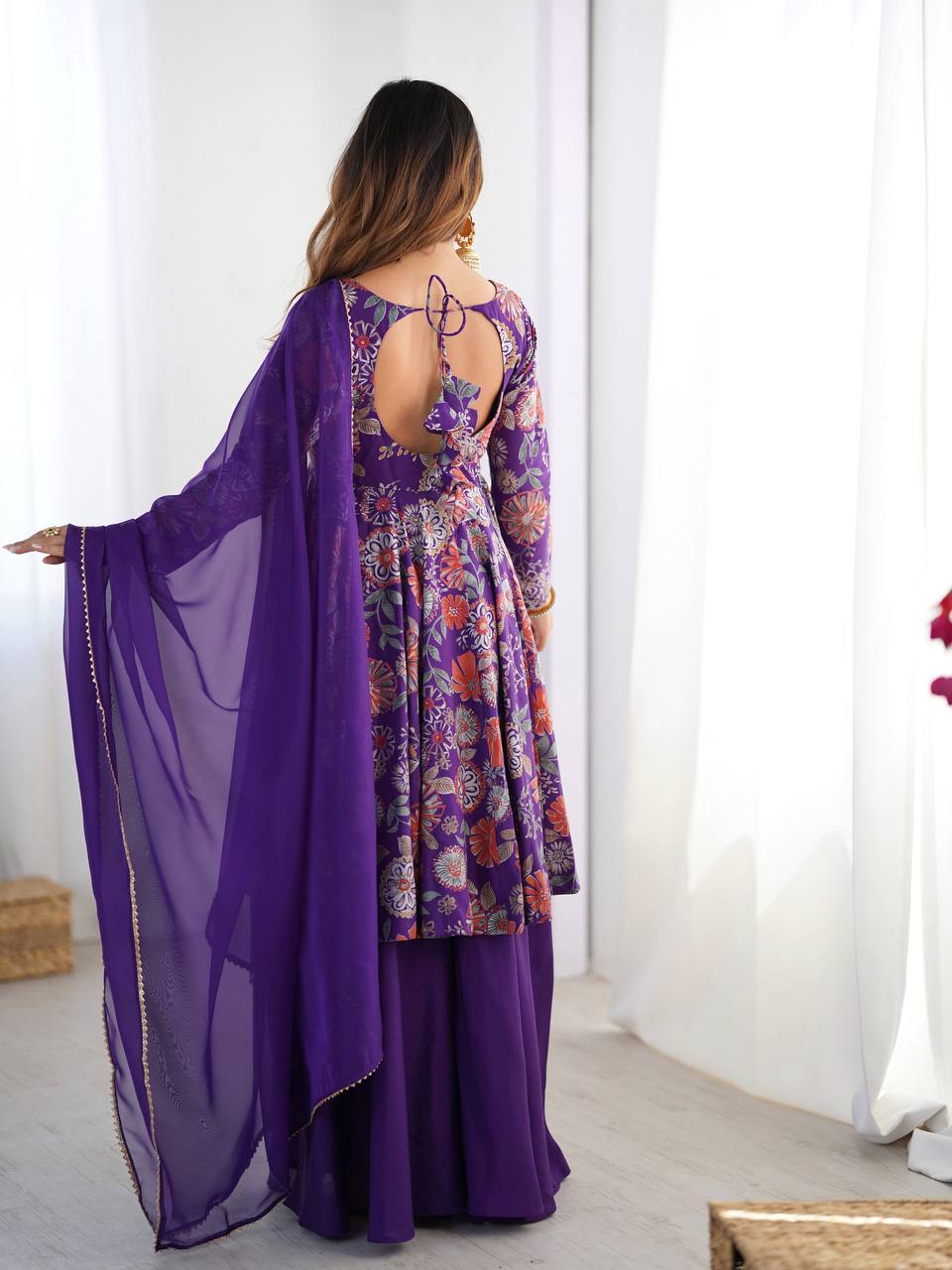 Purple Roman Silk Kediya Style Palazzo With Dupatta