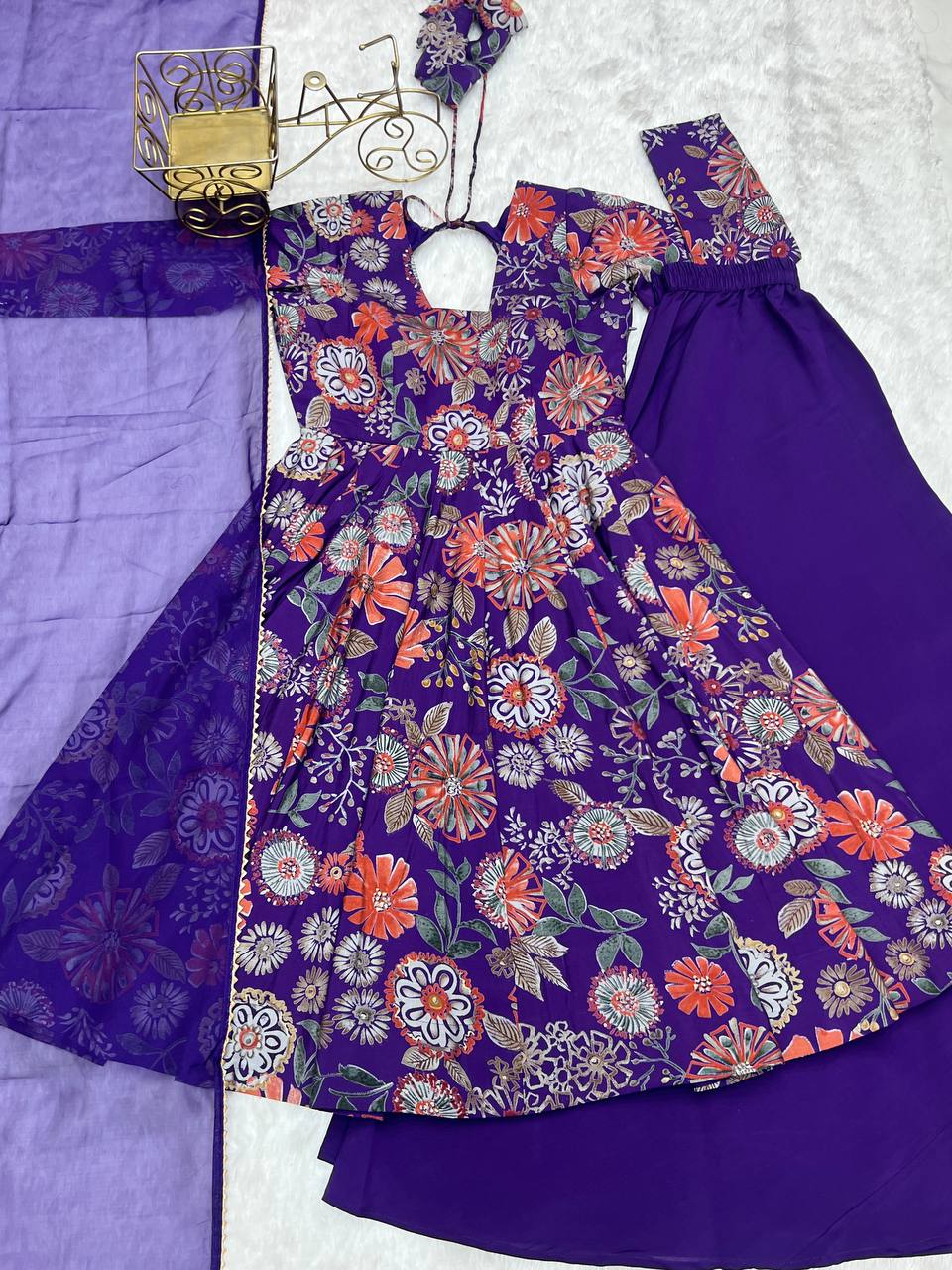 Purple Roman Silk Kediya Style Palazzo With Dupatta