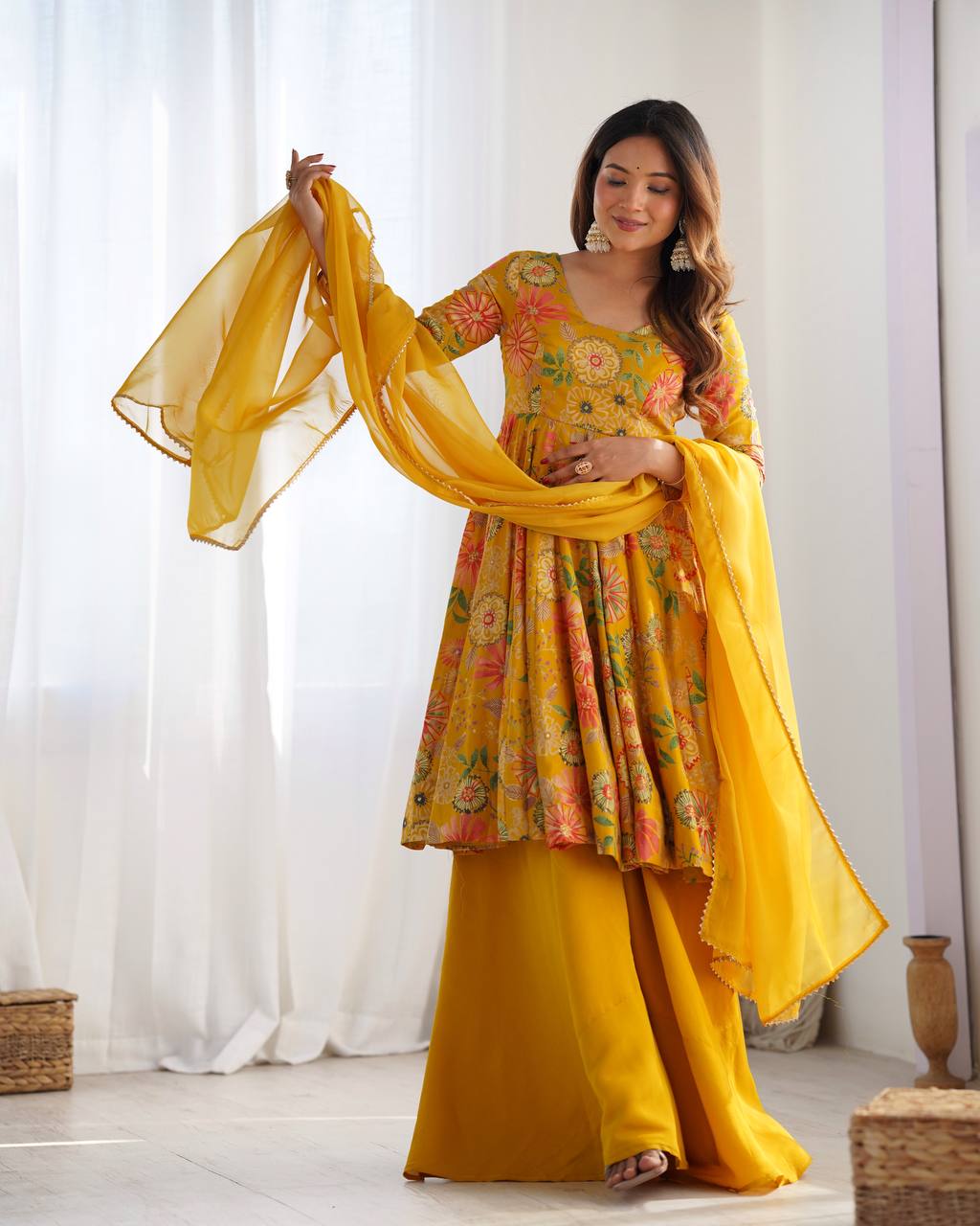 Purple Roman Silk Kediya Style Palazzo With Dupatta