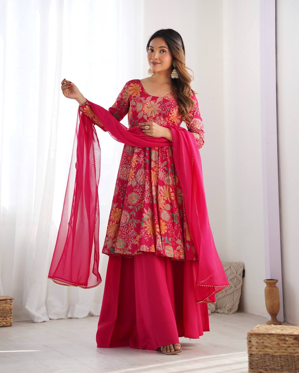 Purple Roman Silk Kediya Style Palazzo With Dupatta