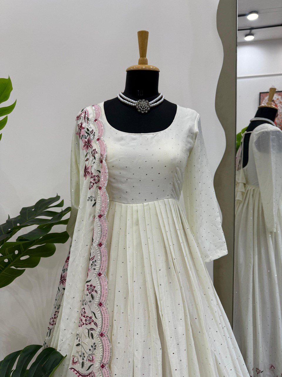 Cream Color Fully Flair Anarkali Hand Work Set