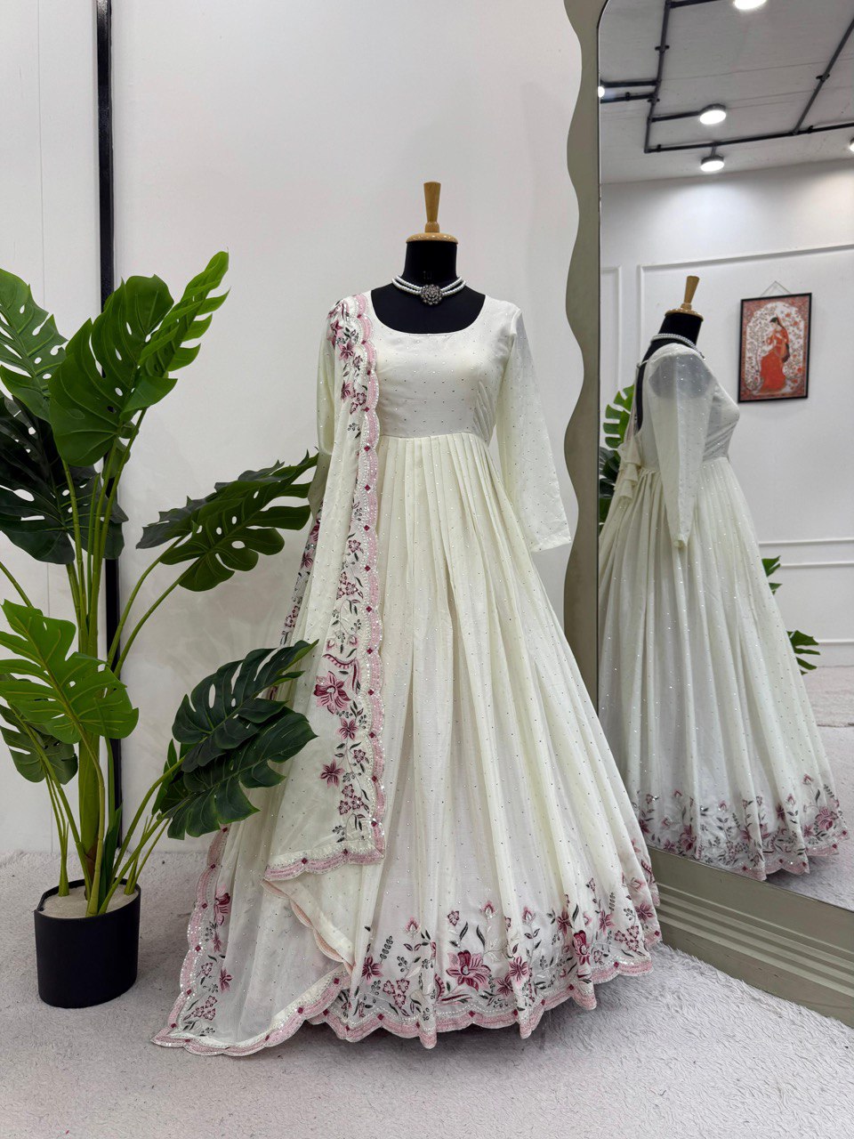 Cream Color Fully Flair Anarkali Hand Work Set